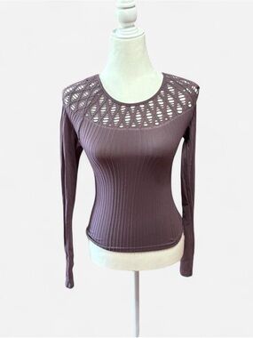 Women’s Long Sleeve Ribbed Top with Lace Yoke - Mauve